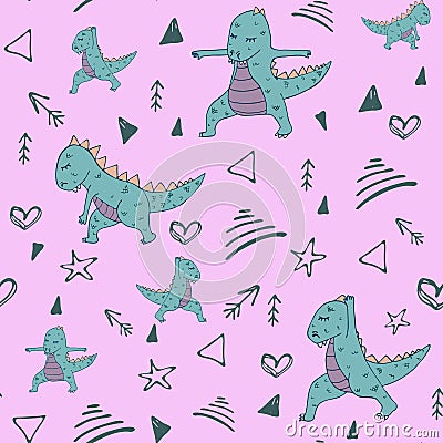 Handdrawn seamless pattern with dinosaur in yoga asana on pin background Stock Photo