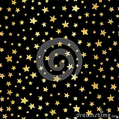 Handdrawn stars gold foil vector background. Seamless pattern for Christmas and celebrations. Hand drawn golden stars on black. Vector Illustration