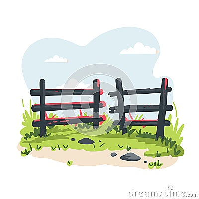 Handdrawn style broken fence sandy ground green grass. Cartoon fence damage, countryside concept Vector Illustration