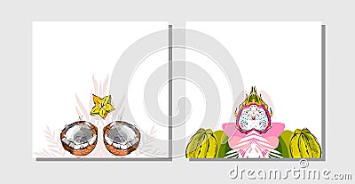 Handdrawn vector abstract freehand textured summer time creative cards collection template set with tropical fruits Vector Illustration