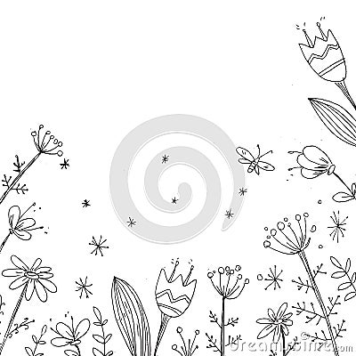 Handdrawn vector floral background. Simple doodle flowers. Black Vector Illustration