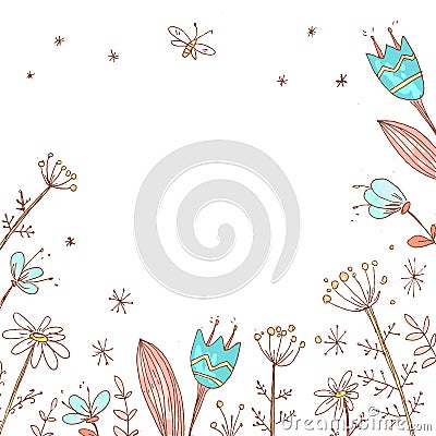 Handdrawn vector floral background. Simple doodle flowers. Paste Vector Illustration