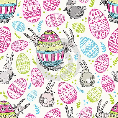 Handdrawn vector happy easter seamless pattern with big decorate Vector Illustration