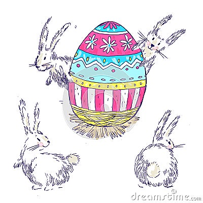 Handdrawn vector happy easter set with big decorated egg and cut Vector Illustration