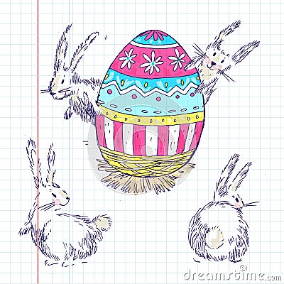 Handdrawn vector happy easter set with big decorated egg and cut Vector Illustration