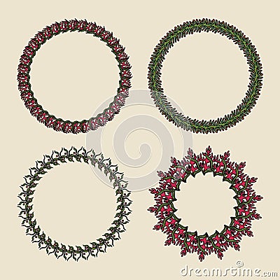 Handdrawn vector wreaths. Round botanical ornament on a green background. Vector Illustration