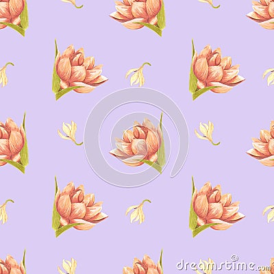 Handdrawn water lily seamless pattern. Watercolor cream lily on the purple background. Scrapbook design elements. Typography Stock Photo