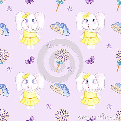 Handdrawn watercolor candy and elephant seamless pattern children's textile. Scrapbook design, typography poster, label Stock Photo