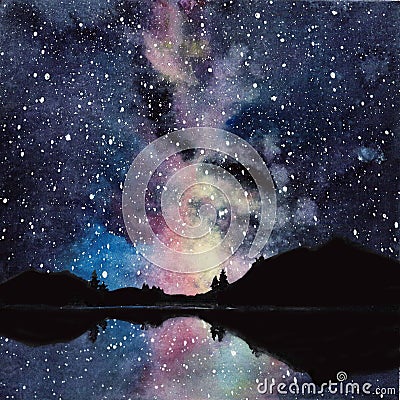Handdrawn watercolor galaxy, stars in the night space. Beautiful Milky Way Stock Photo