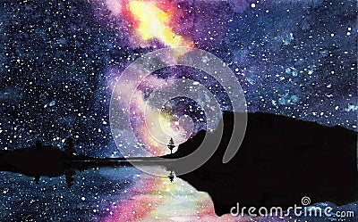 Handdrawn watercolor galaxy, stars in the night space. Beautiful Milky Way Stock Photo