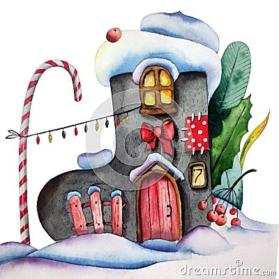 Handdrawn watercolor illustration isolated on white background. Winter felt boot house with lights, herbs and sweets Cartoon Illustration