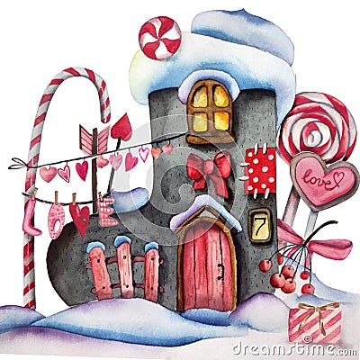 Handdrawn watercolor illustration isolated on white background. St. Valentine`s day felt boot house with lights, hearts Cartoon Illustration