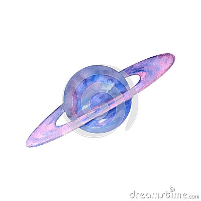 Handdrawn watercolor planet Saturn with rings isolated on white background. Cartoon Illustration