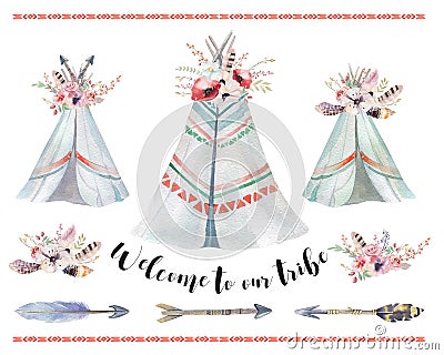 Handdrawn watercolor tribal teepee, isolated boho tent. Stock Photo