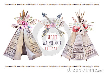 Handdrawn watercolor tribal teepee, isolated white campsite ten Stock Photo