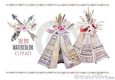 Handdrawn watercolor tribal teepee, isolated white campsite ten Stock Photo