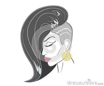 Handdrawn woman face with sensual lips and black Vector Illustration