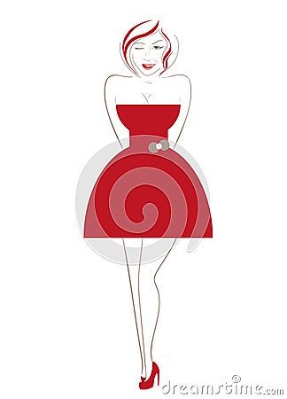 Handdrawn woman face winks wearing red hair and Vector Illustration