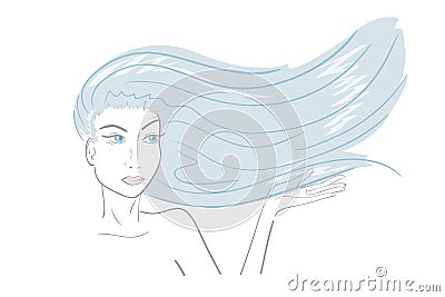 Handdrawn woman wearing blue hair. close-up Vector Illustration