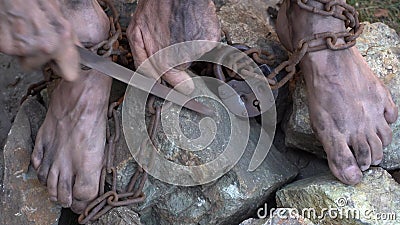 Handen en voeten van een slave die in ijzerkettingen is verstrikt Een poging om de slavernij te bevrijden Het symbool van slavena stock footage Handen en voeten van een slave die in ijzerkettingen is verstrikt Een poging om de slavernij te bevrijden Het symbool van slavena stock footage