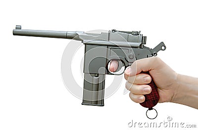 The Handgun Mauser M-72 in his hand. Air gun Stock Photo