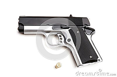 Handgun and 9mm pistol bullet on white background Stock Photo