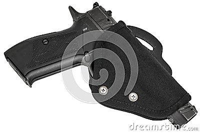 Handgun in the nylon holster. Isolated Stock Photo