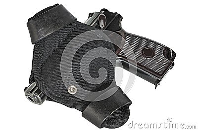 Handgun in the nylon holster. Isolated Stock Photo