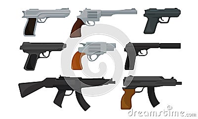 Handguns or Pistol Models with Firing Trigger for Hunting Vector Set Vector Illustration