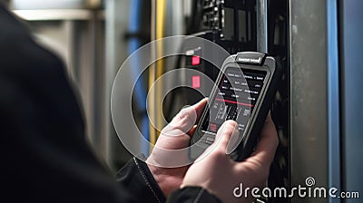 A handheld diagnostic device being used on an electrical panel with an illuminated screen that lists fault codes and Stock Photo