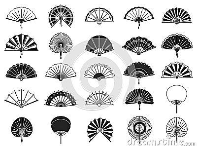 Handheld fan. Black silhouettes of chinese, japanese paper folding hand fans, traditional asian decoration and souvenir Vector Illustration