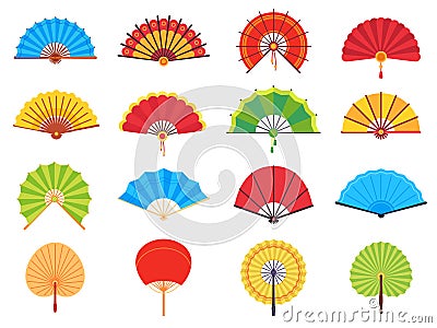 Handheld fan. Chinese or japanese paper ancient traditional fans, personal accessories and souvenirs flat vector set Vector Illustration