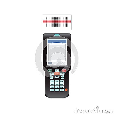 Handheld Mobile Computer in hand or scanner barcode. Vector Illustration