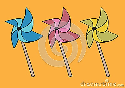 Handheld Paper windmill on Sticks or Pinwheel Origami Vector Ill Vector Illustration