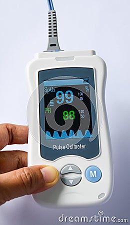 Handheld Pulse oximeter, Medical device used to monitor blood oxygen in the patients in the hospital . Stock Photo