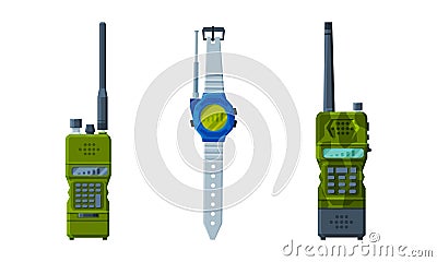 Handheld Transceiver or Walkie-talkie as Portable Radio Device with Antenna Vector Set Vector Illustration