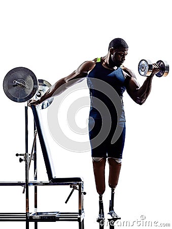 handicapped body builders building weights man with legs prosthesis silhouettes Stock Photo