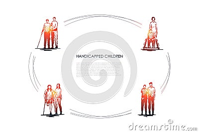 Handicapped children - blind and disabled children without leg or hand vector concept set Vector Illustration