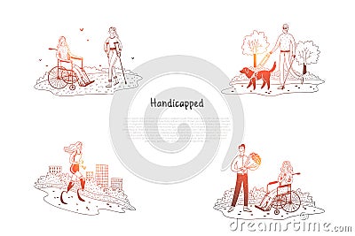 Handicapped - disabled and blind people walking in park and making sports vector concept set Vector Illustration