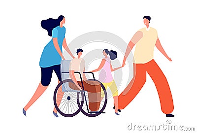 Handicapped kids in family. Disability activity, disabled child with sister and parents. Accessible environment vector Stock Photo