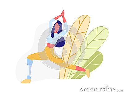 Handicapped Woman with Prosthesis Doing Yoga Asana Vector Illustration