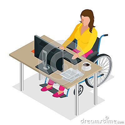 Handicapped woman in wheelchair in a office working on a computer. Flat 3d isometric vector illustration. International Vector Illustration