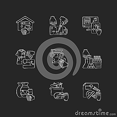 Handicraft chalk white icons set on black background Vector Illustration