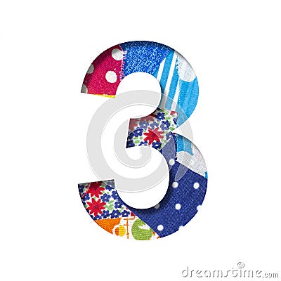 Handicraft or creative font. Digit three, 3 cut out of paper on the background of the texture of pieces of colored fabrics for Stock Photo
