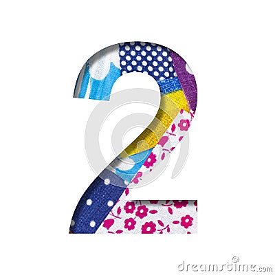 Handicraft or creative font. Digit two, 2 cut out of paper on the background of the texture of pieces of colored fabrics for home Stock Photo