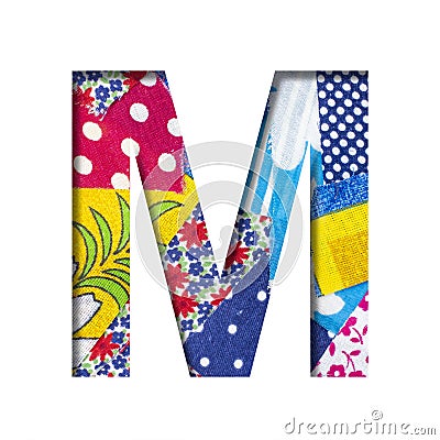 Handicraft or creative font. The letter M cut out of paper on the background of the texture of pieces of colored fabrics for home Stock Photo
