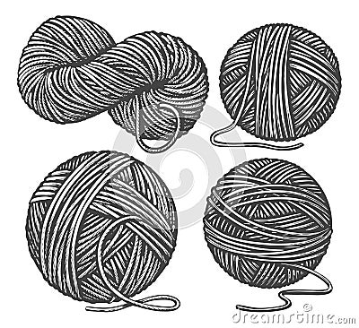 Balls of yarn skein of wool. Handicraft, crocheting, hand-knitting. Sketch vintage illustration Cartoon Illustration