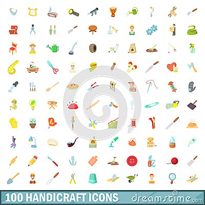 100 handicraft icons set, cartoon style Vector Illustration