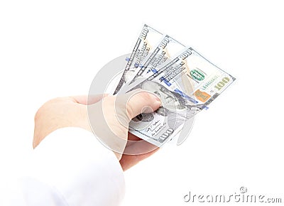 Handing out three hundred dollar Stock Photo