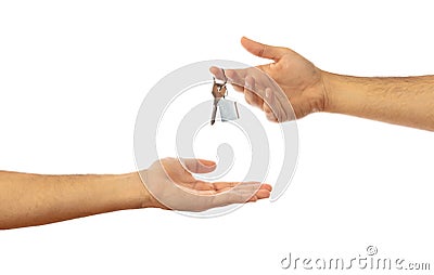 Handing over the house key. Hands isolated on white background, clipping path Stock Photo